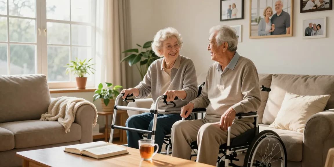 buy nobility aids in a cozy living room with an elderly person using a walker, sunlight creating a warm atmosphere