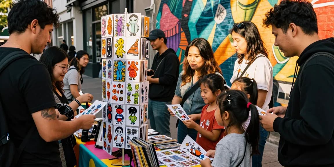 Vibrant market scene showcasing custom stickers with families engaging and exploring unique designs.