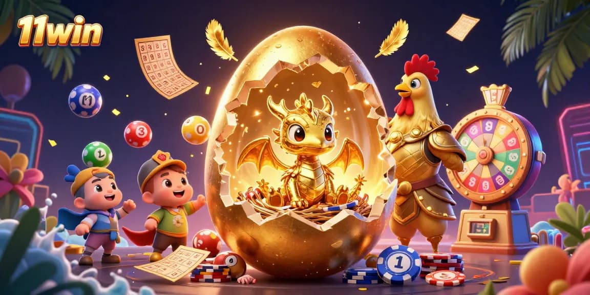 Engage with 11win's dynamic gaming scene featuring a golden dragon and festive lottery elements.