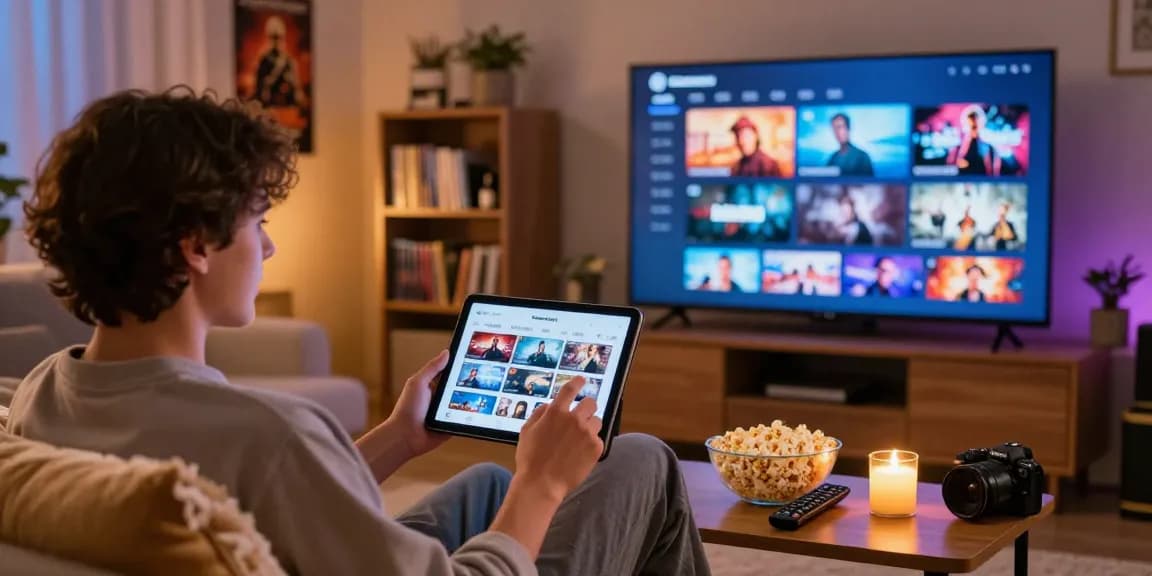 Pikashow APK user enjoying streaming movies on a tablet in cozy living room environment.