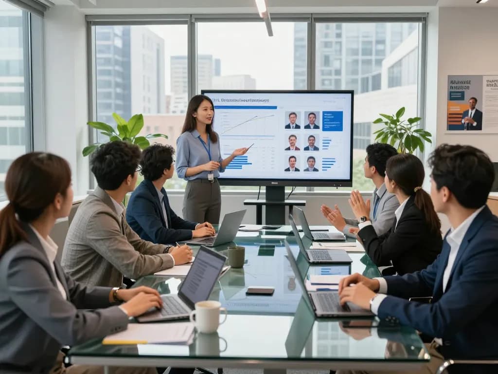 Team collaborating at a search firm meeting while reviewing candidate profiles and analytics to highlight strategic hiring.