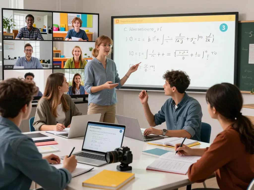 Students engaged in live online tuition in London collaborating on math problems in a bright virtual classroom.