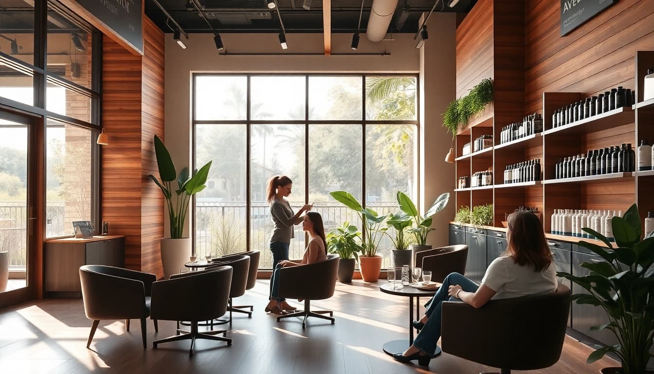 Aveda salon San Diego showcasing a stylist creating a stunning hair transformation in a warm, inviting setting.