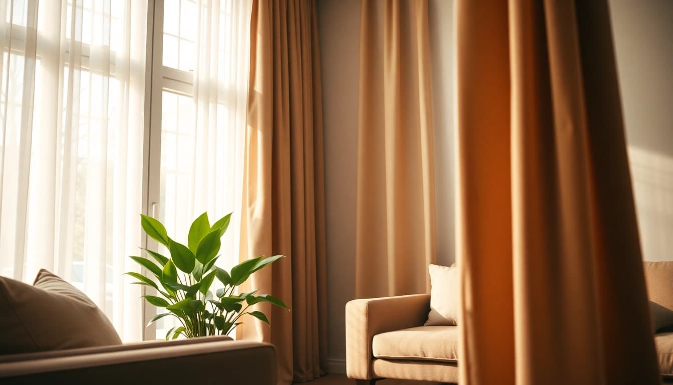 Verduisterende gordijnstof die elegant hangt in een sfeervolle woonkamer.