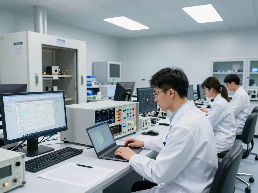 Engineers conducting EMC testing in a modern lab with advanced technology and precision equipment.