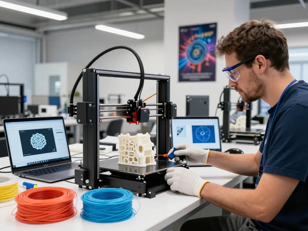 3D Printing expert monitoring a printer in a vibrant workshop filled with colorful filaments and CAD designs.