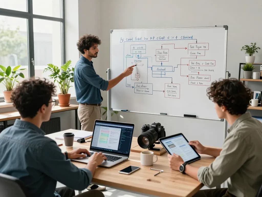 AI automation team collaborating on innovative solutions in a modern office setting