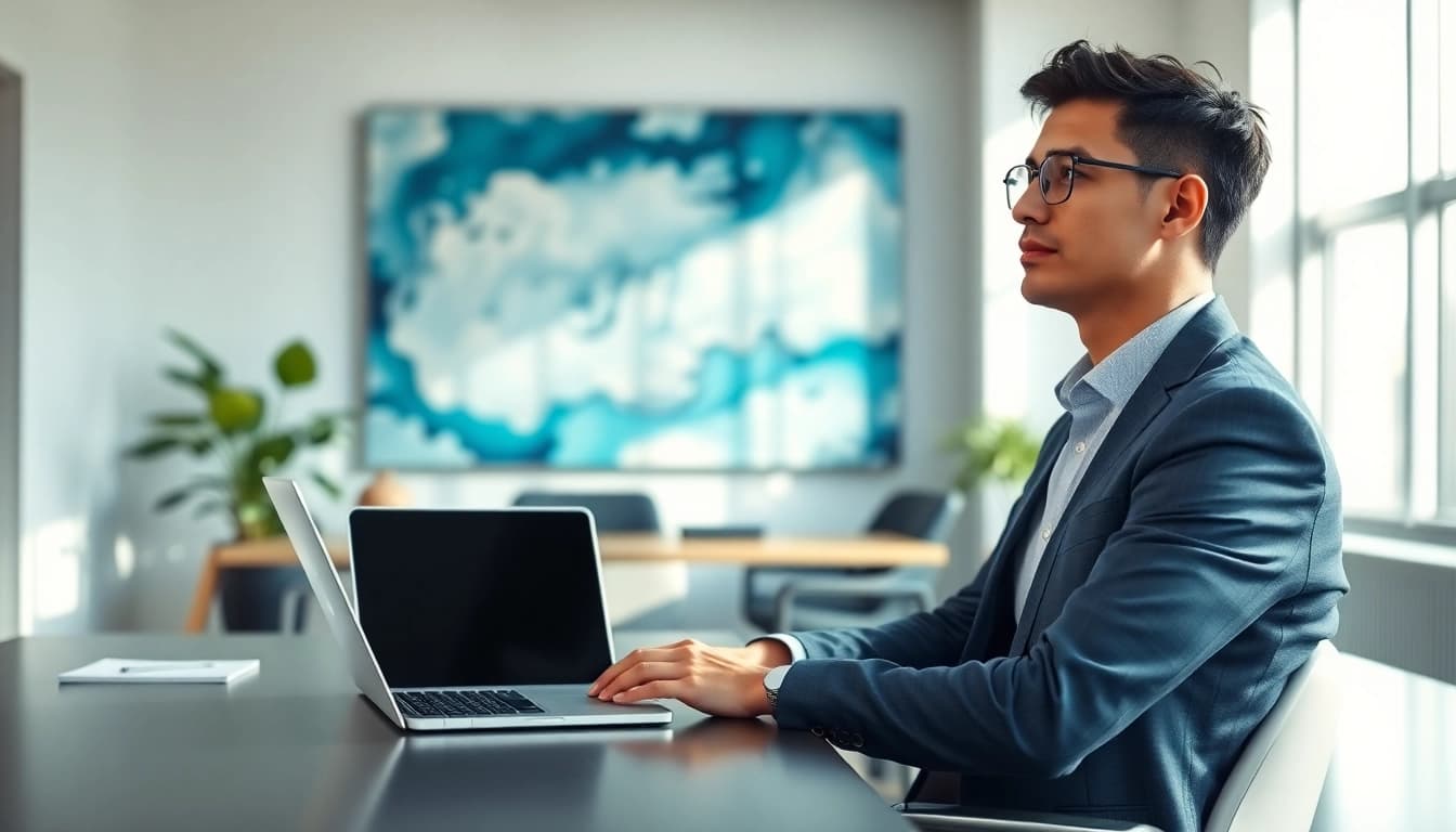 Visualizing the Ideal career with a professional in a modern office, surrounded by motivational elements.