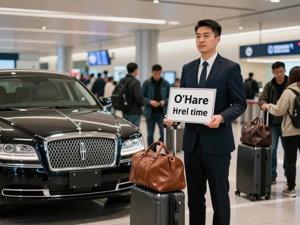 Luxury airport transportation O’Hare with a chauffeur ready to serve clients at the airport.
