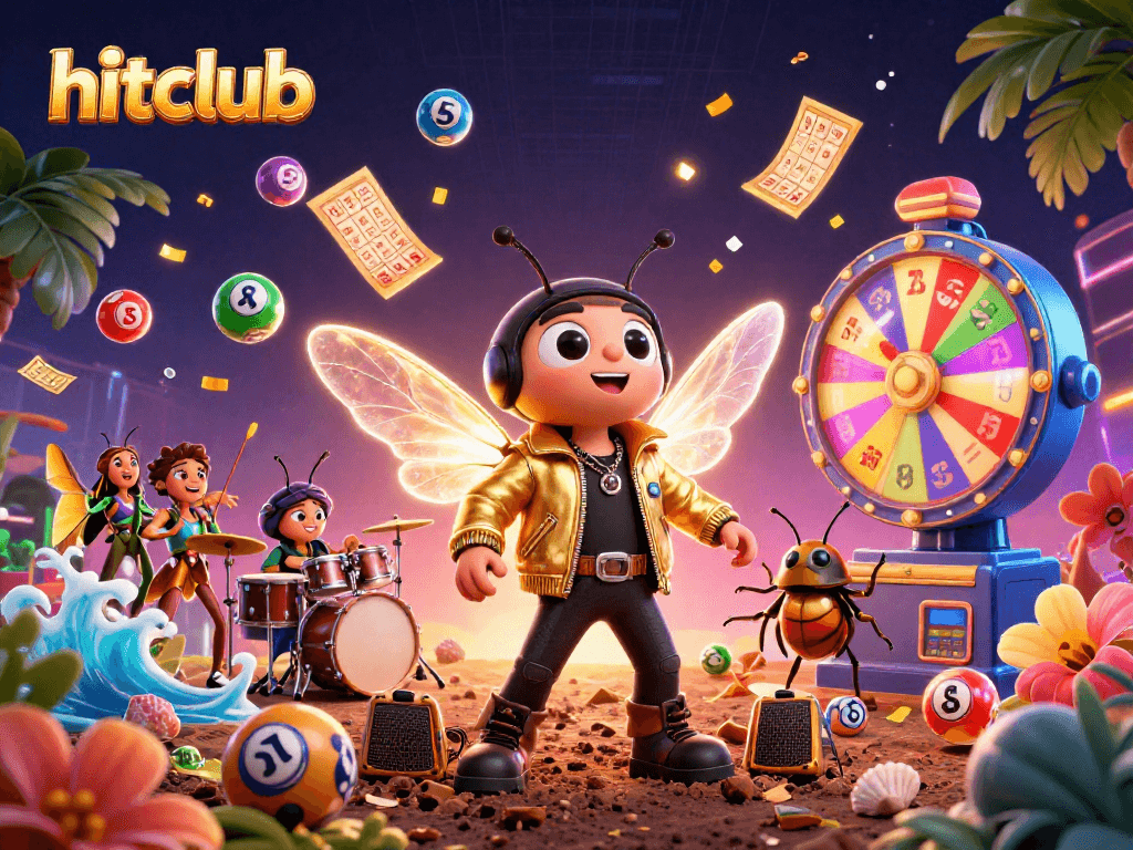 Hitclub's cicada rock star illustrates a vibrant lottery scene with energetic characters.