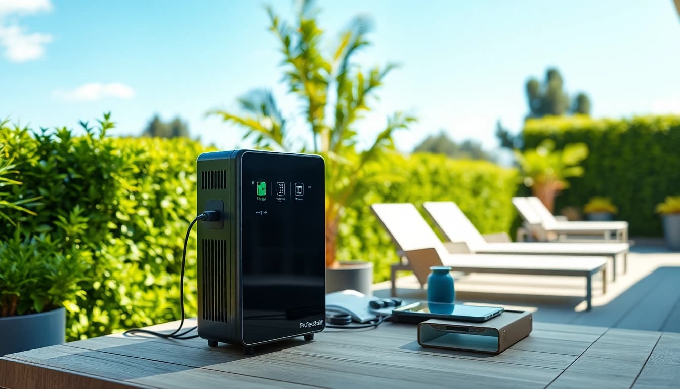 Empowering devices with EcoFlow power station in a serene outdoor setting.