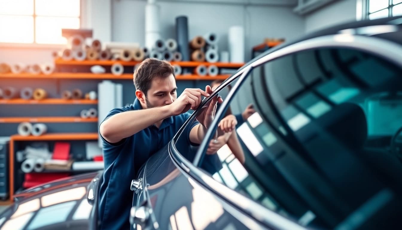 Get expert window tint near me applied in a professional workshop setting to enhance car aesthetics.