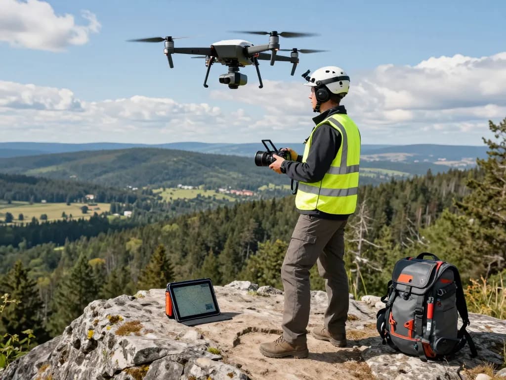 Drone operator controlling a lidar drone in a rugged landscape, showcasing aerial surveying technology.