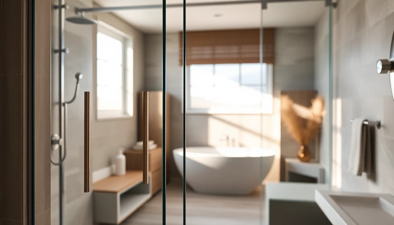 Modern shower doors sliding open in a stylish bathroom with natural lighting.
