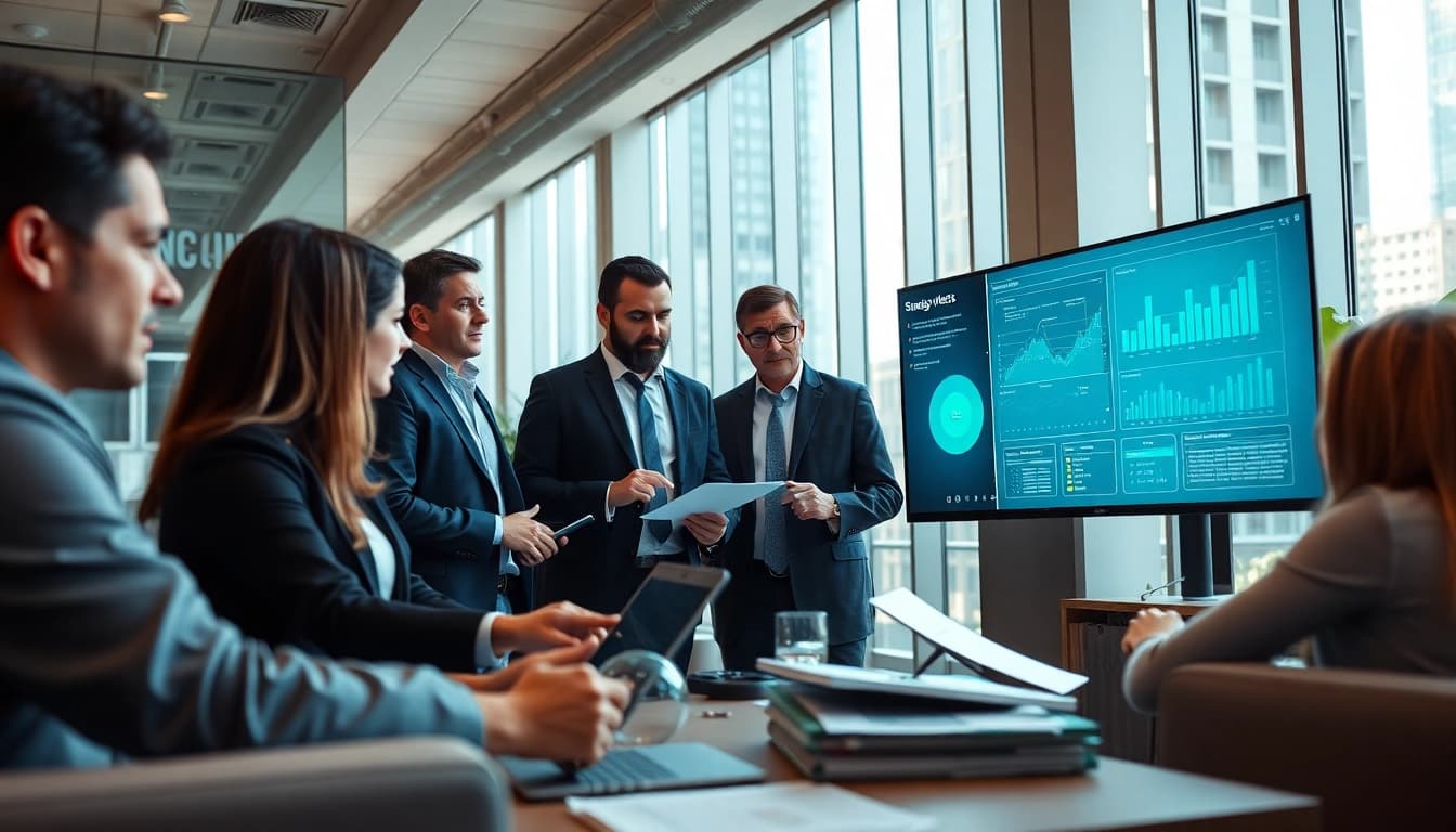 Engaged professionals in Strategy Capture Management discussion within a modern workspace.