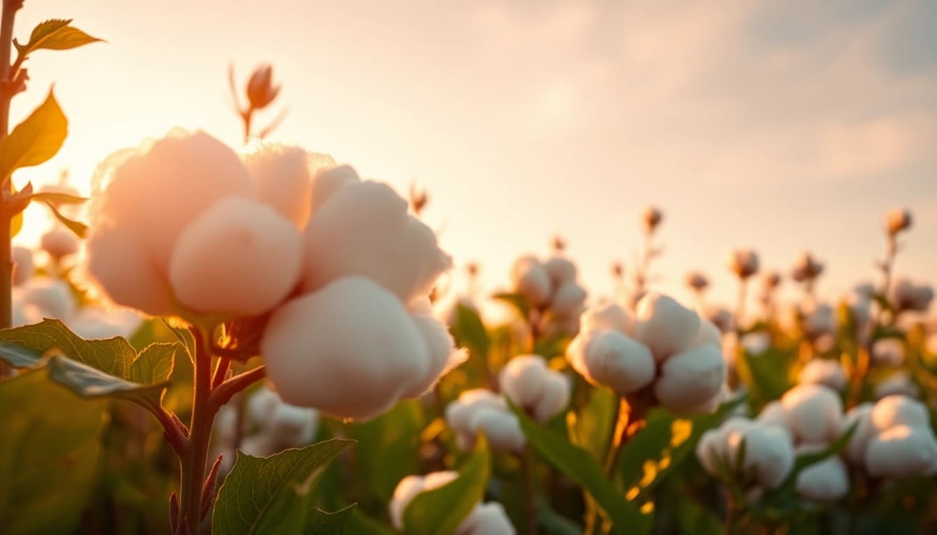 Katoenplanten met zachte bollen in een vloeiend veld onder een gouden zonsondergang.