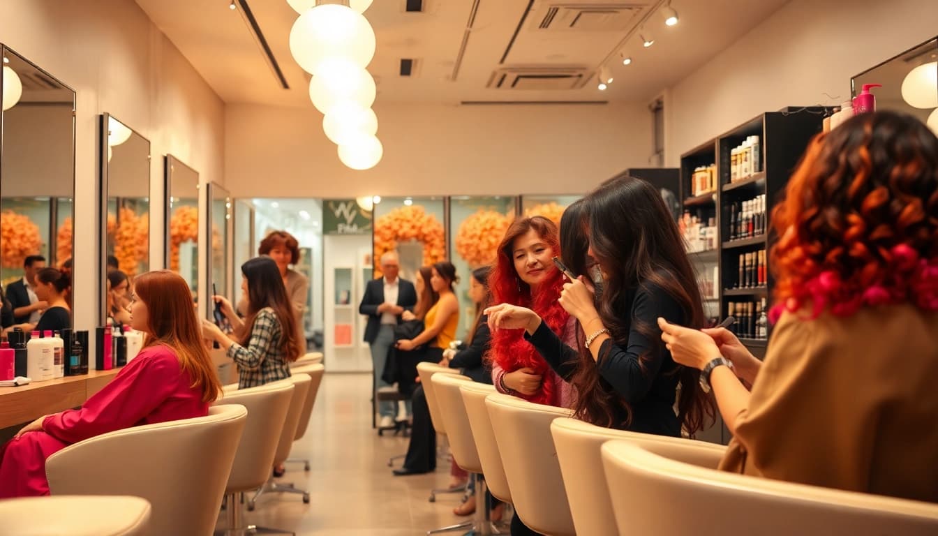 Dynamic peluquería scene with stylists engaging with clients in a vibrant salon.