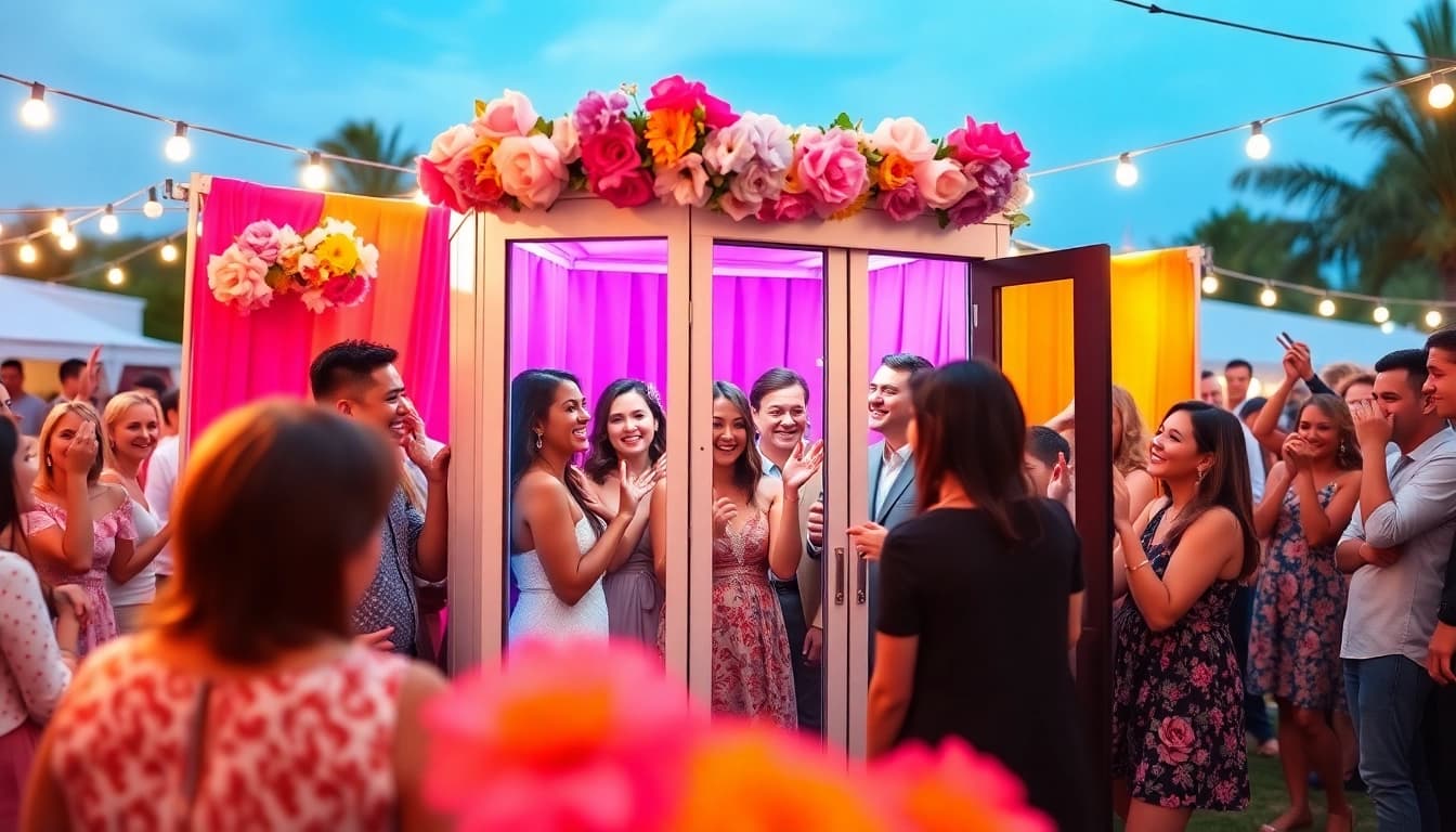Guests enjoying a photo booth rental experience with vibrant colors and joyful atmosphere.