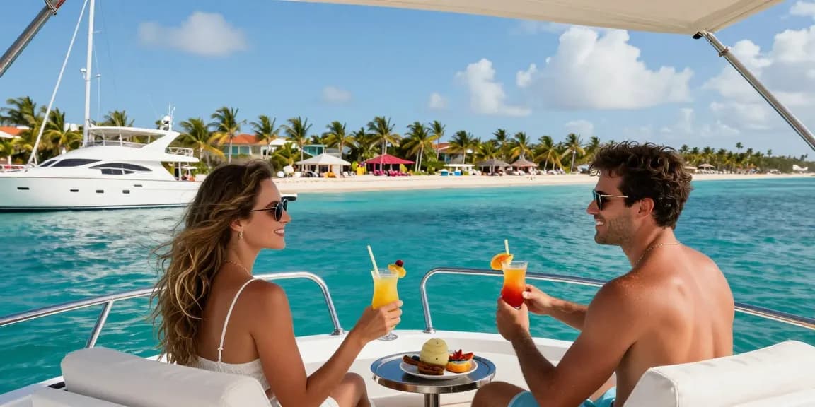 Punta Cana yacht rental experience with a couple enjoying a luxury yacht charter against a tropical backdrop.