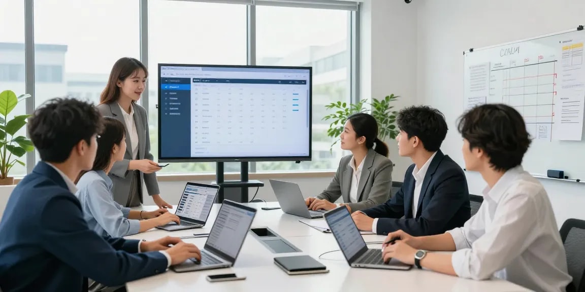 Collaboration in a modern office using all-in-one service software, showcasing a diverse team engaged in project discussions.