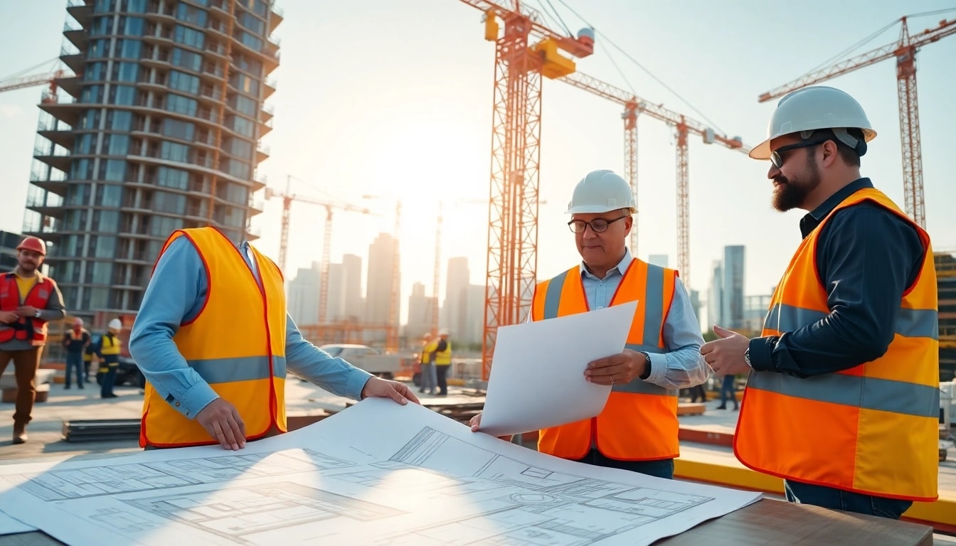 Experience construction management training in action with professionals coordinating on-site projects.