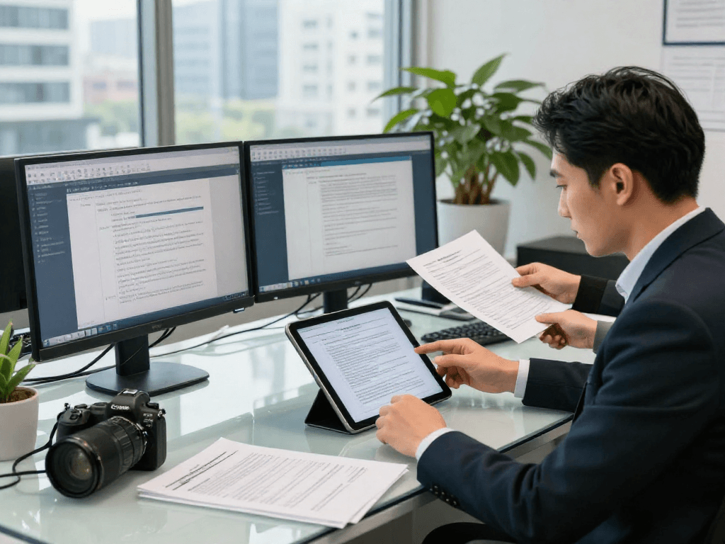 Expert in document fraud detection analyzing reports and digital data in a modern office.