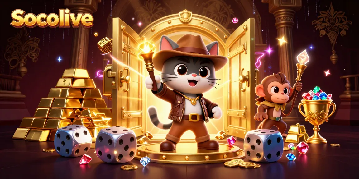 Socolive showcases 3D animated characters discovering treasures among casino artifacts with dazzling jewels.