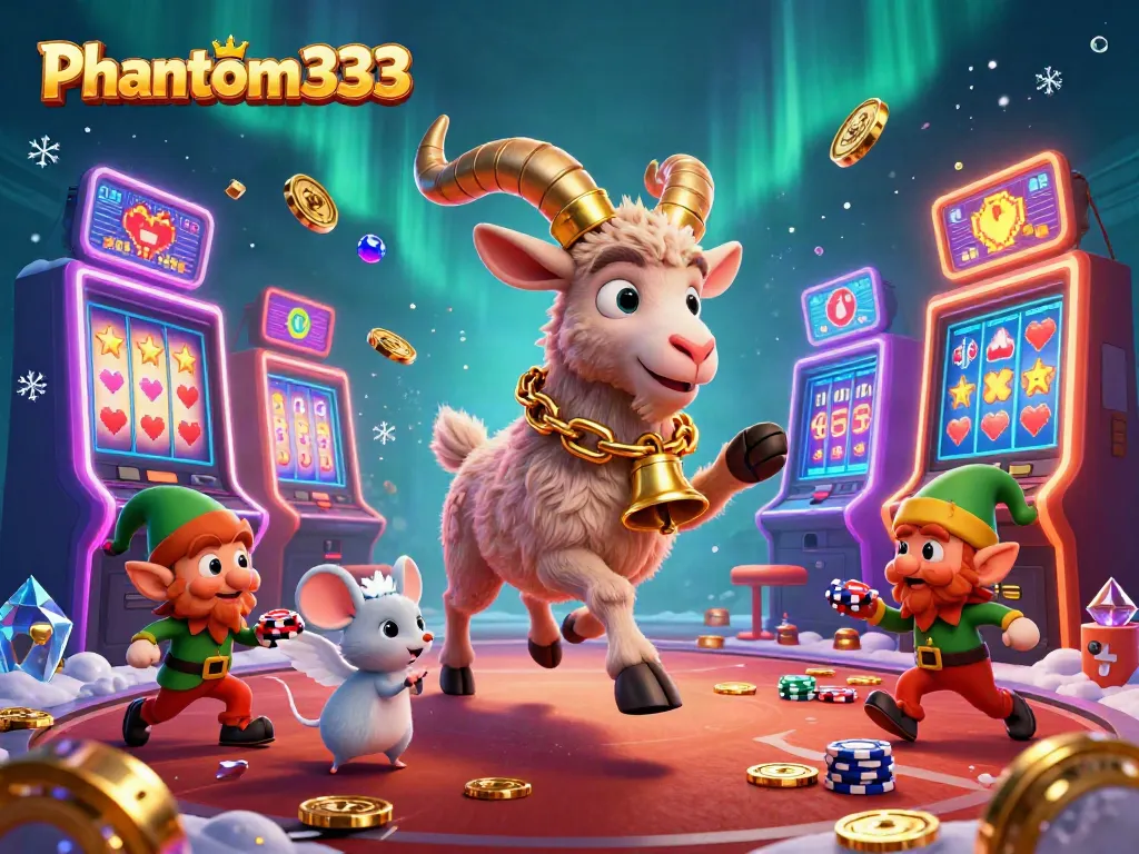 Experience the enchanting casino world of Phantom333 featuring a mischievous Krampus goat and playful elf gremlins.