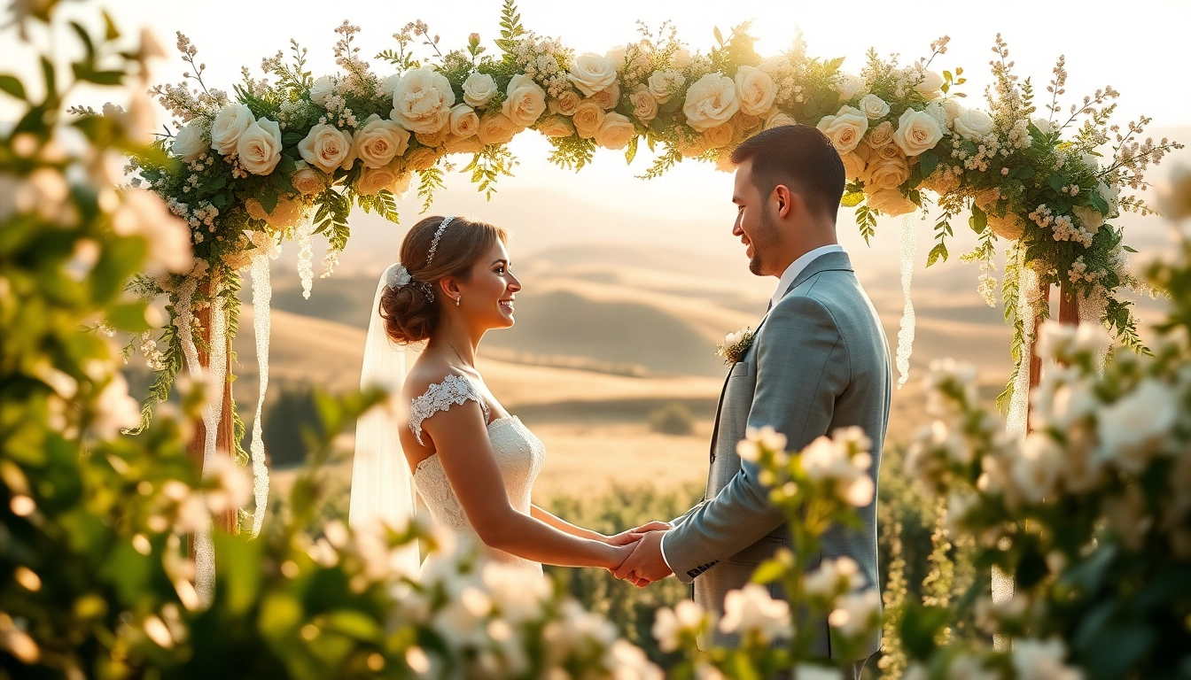Capturing a romantic moment at Clarksburg ca weddings as a couple exchanges vows under a floral arch.