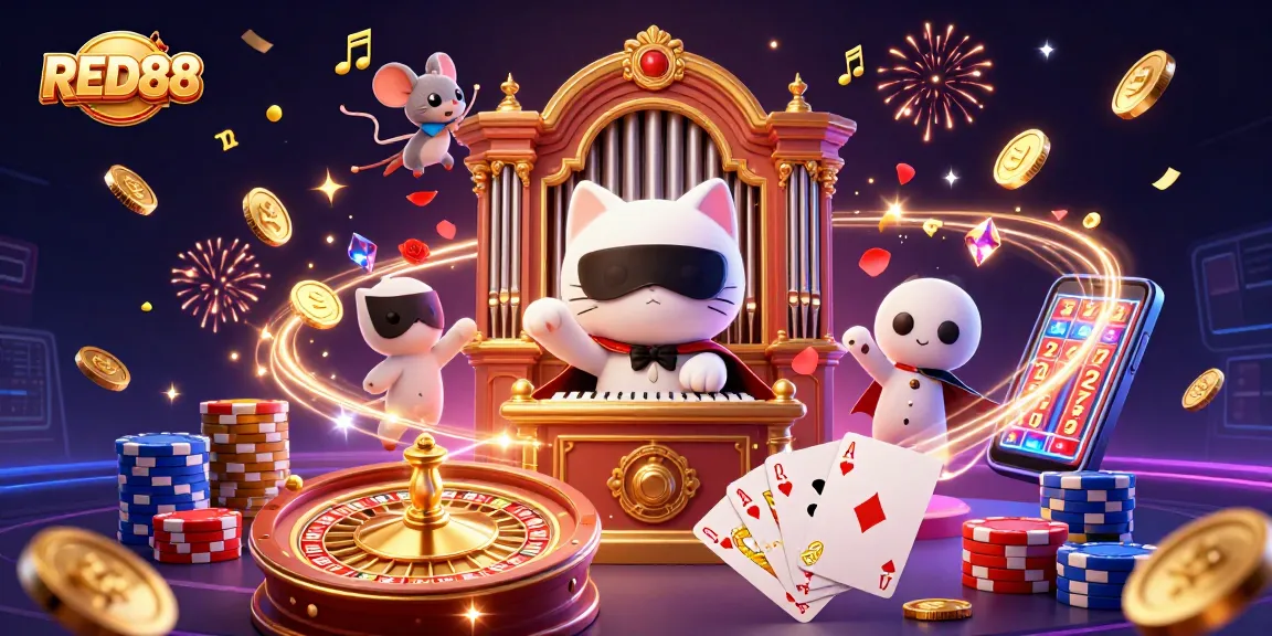 Experience the thrill of RED88 with immersive casino scenes filled with floating coins, cards, and festive atmosphere.