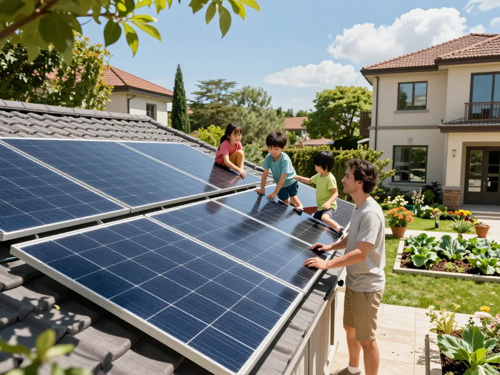 A family enjoying their sustainable lifestyle outdoors beside solar panels, showcasing the Wirkungsgrad von PV-Modulen in action.