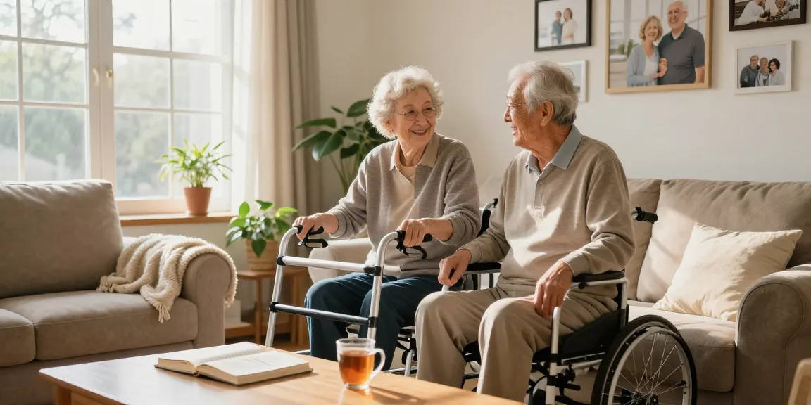 buy nobility aids in a cozy living room with an elderly person using a walker, sunlight creating a warm atmosphere