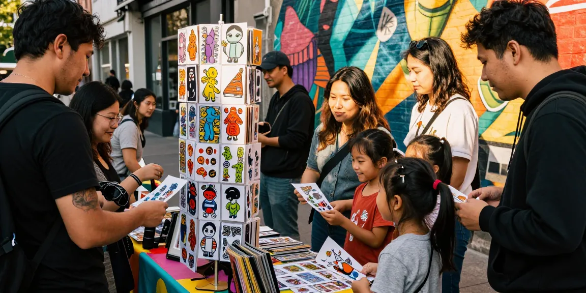 Vibrant market scene showcasing custom stickers with families engaging and exploring unique designs.