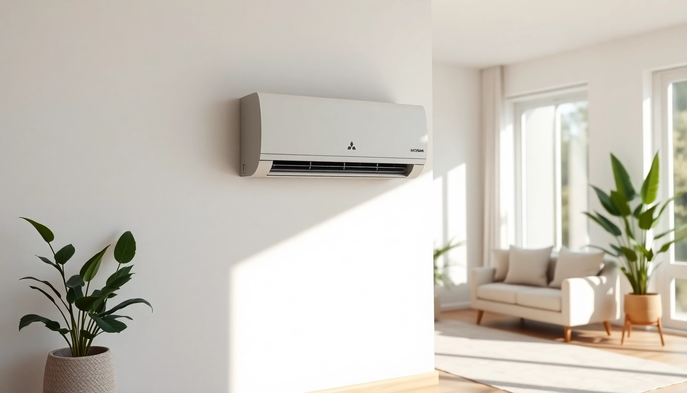 Mitsubishi mini split AC elegantly mounted in a contemporary living room, illustrating modern comfort.