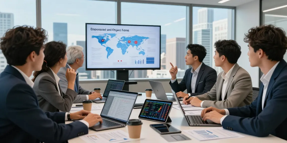 A diverse team analyzing international project funds in a modern investment office.