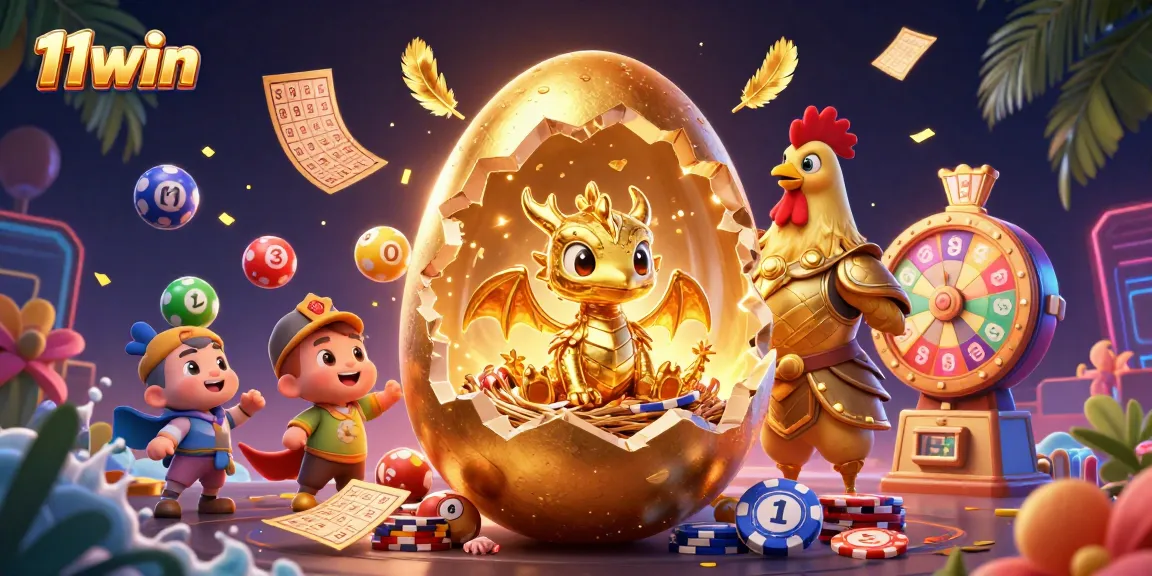 Engage with 11win's dynamic gaming scene featuring a golden dragon and festive lottery elements.