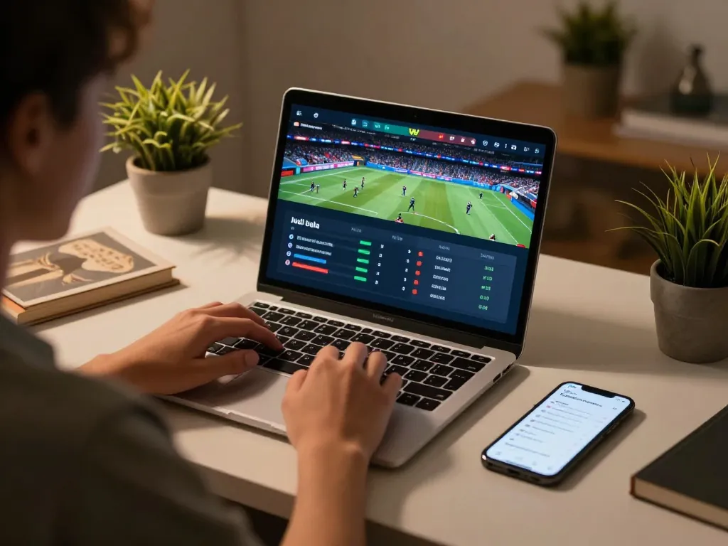 Terlibat dalam judi bola dengan odds langsung di laptop dalam suasana rumah yang nyaman