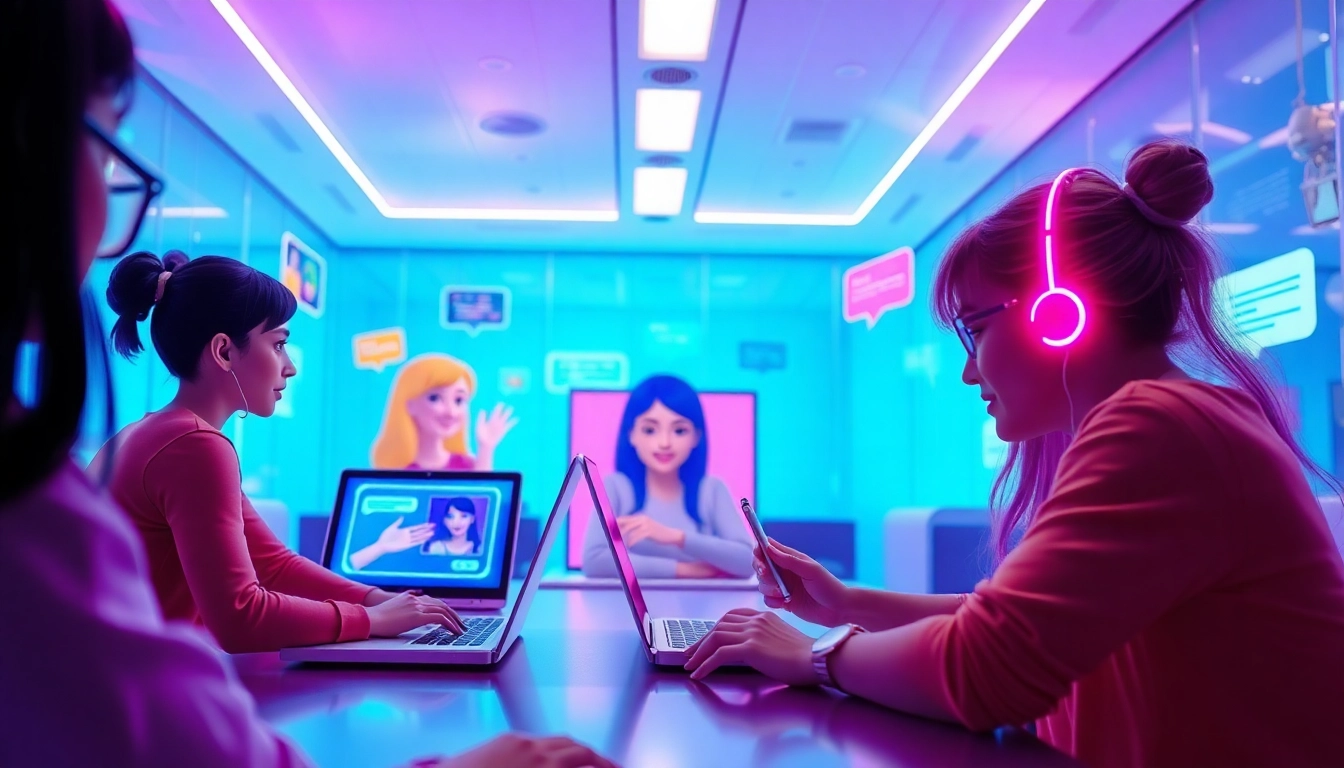 Engaging scene of users interacting with AI characters in a vibrant chat space, highlighting crush on ai technology.