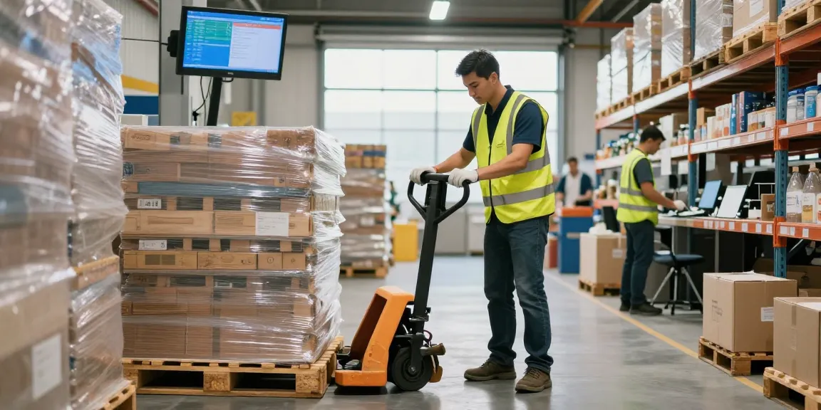 Warehouse worker using a manual pallet truck to move pallets efficiently, showcasing productivity and teamwork in logistics.
