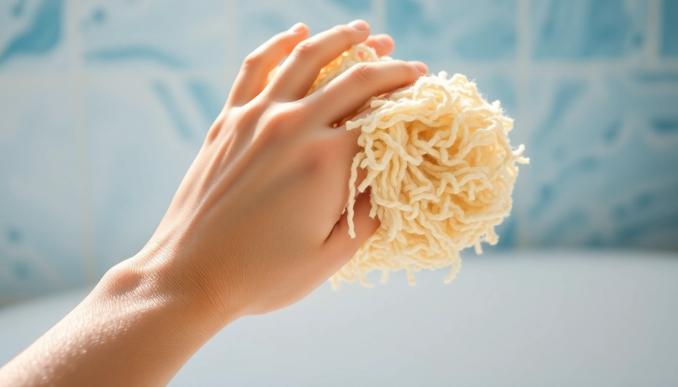 Using the best back loofah for dry skin in a refreshing bathroom setting.