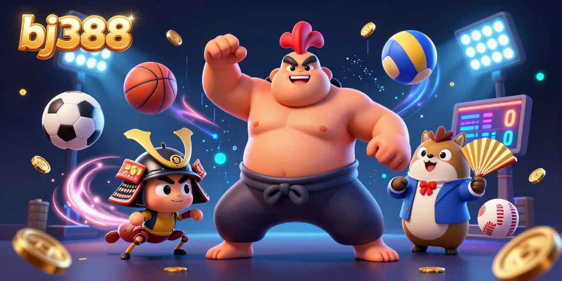 Experience the thrilling atmosphere of bj388 with a dynamic casino-themed illustration featuring iconic gaming characters.