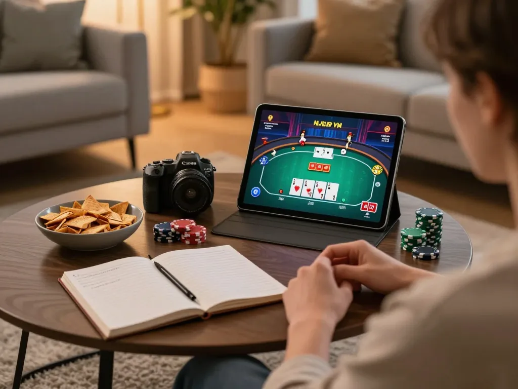 Player engaged in poker on lc88 app from a cozy home setup, showcasing strategic gameplay and responsibility.