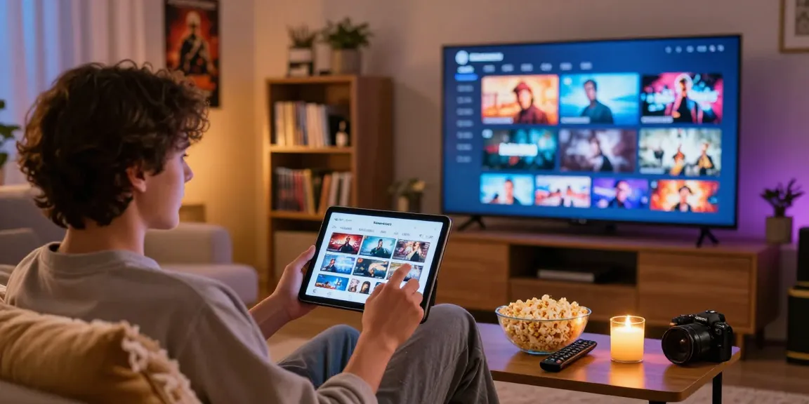 Pikashow APK user enjoying streaming movies on a tablet in cozy living room environment.