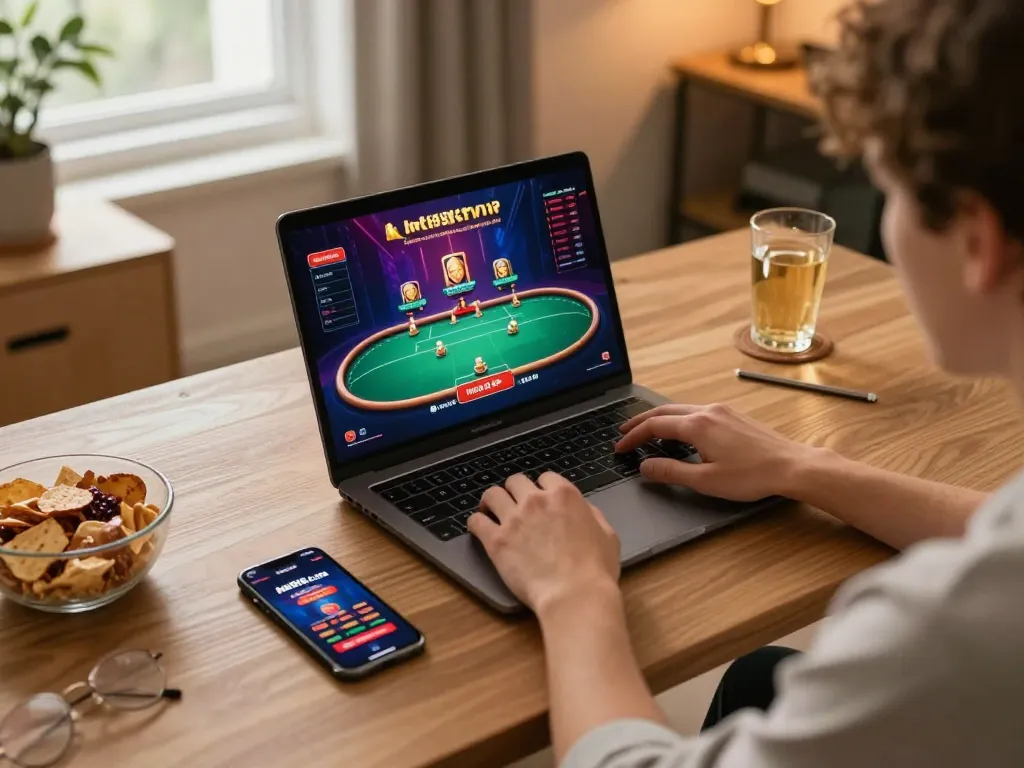 Player engaging with poker game on net88.de.com, showcasing dynamic online casino experience with cozy home setup.
