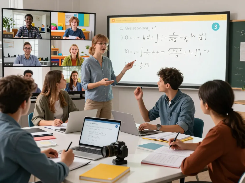 Students engaged in live online tuition in London collaborating on math problems in a bright virtual classroom.