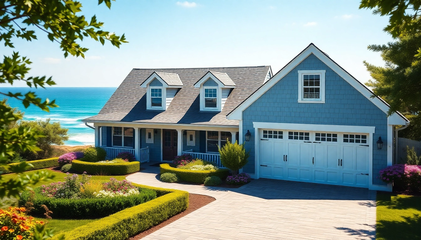 A beautifully designed cape cod homes with an attached garage, surrounded by lush landscaping and coastal views.