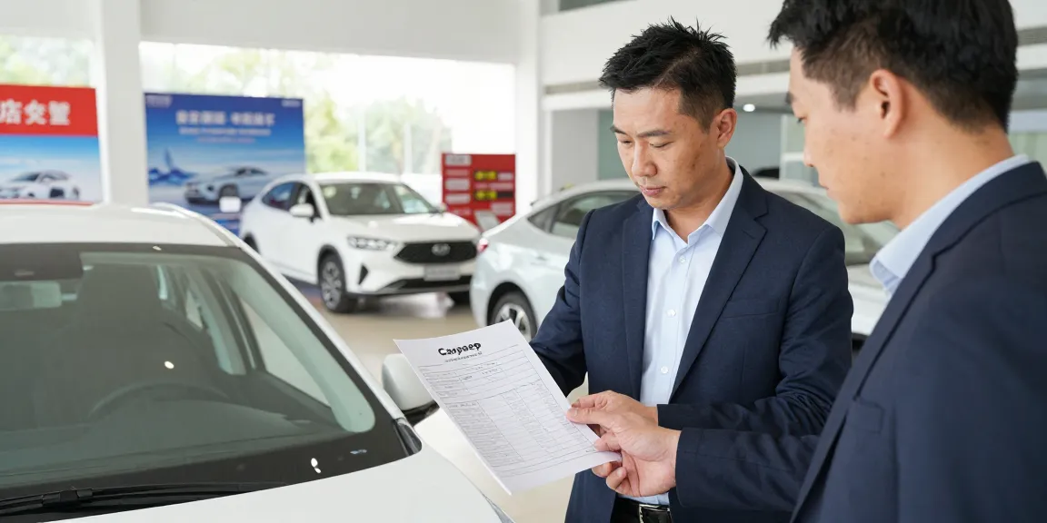 Car history check UK report being reviewed by a buyer at a dealership.