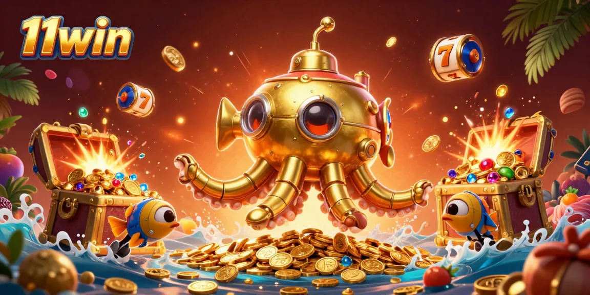 Engage with 11win's exciting slot adventure showcasing a golden kraken submarine amidst vibrant gaming elements.