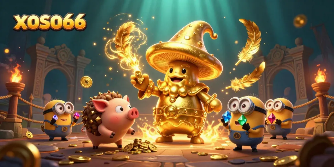 Experience the magic of xoso66 with a golden mushroom wizard and treasures in this vibrant casino scene.