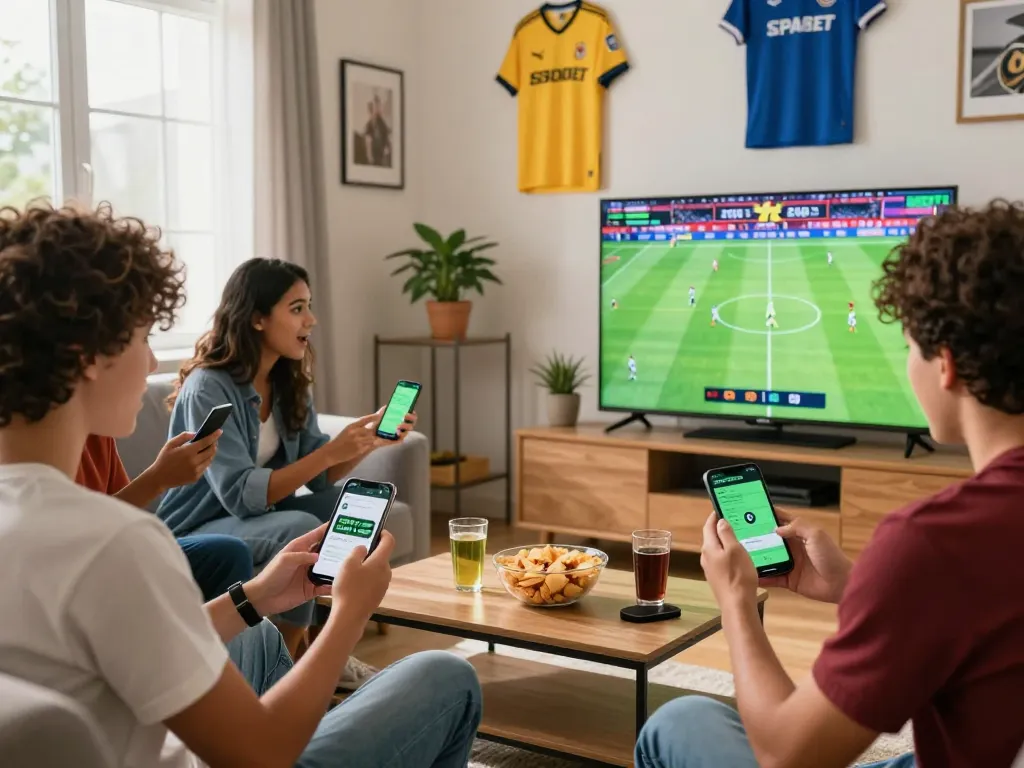 Friends enjoying a fun sports betting night with SBOBET app, cheering and placing bets.